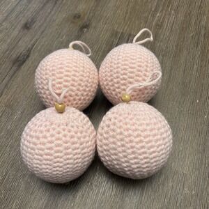 Sweater Cable Knit Fabric Ball Christmas Ornament Set of 4 Pink